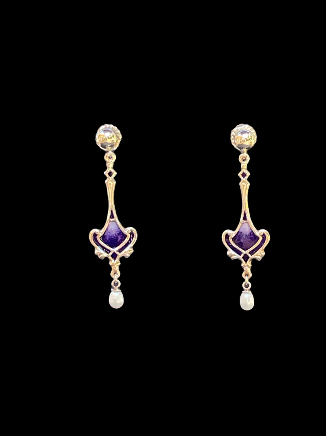 Purple Ombre Art Nouveau Earrings with Pearl Drop