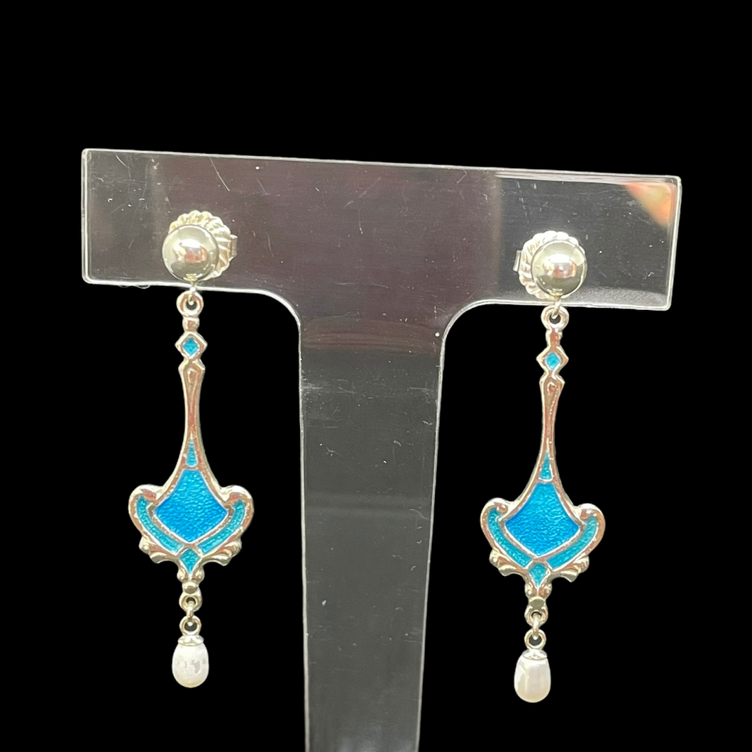 Blue Art Nouveau Earrings with Pearl Drop