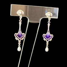 Load image into Gallery viewer, Purple Ombre Art Nouveau Earrings with Pearl Drop
