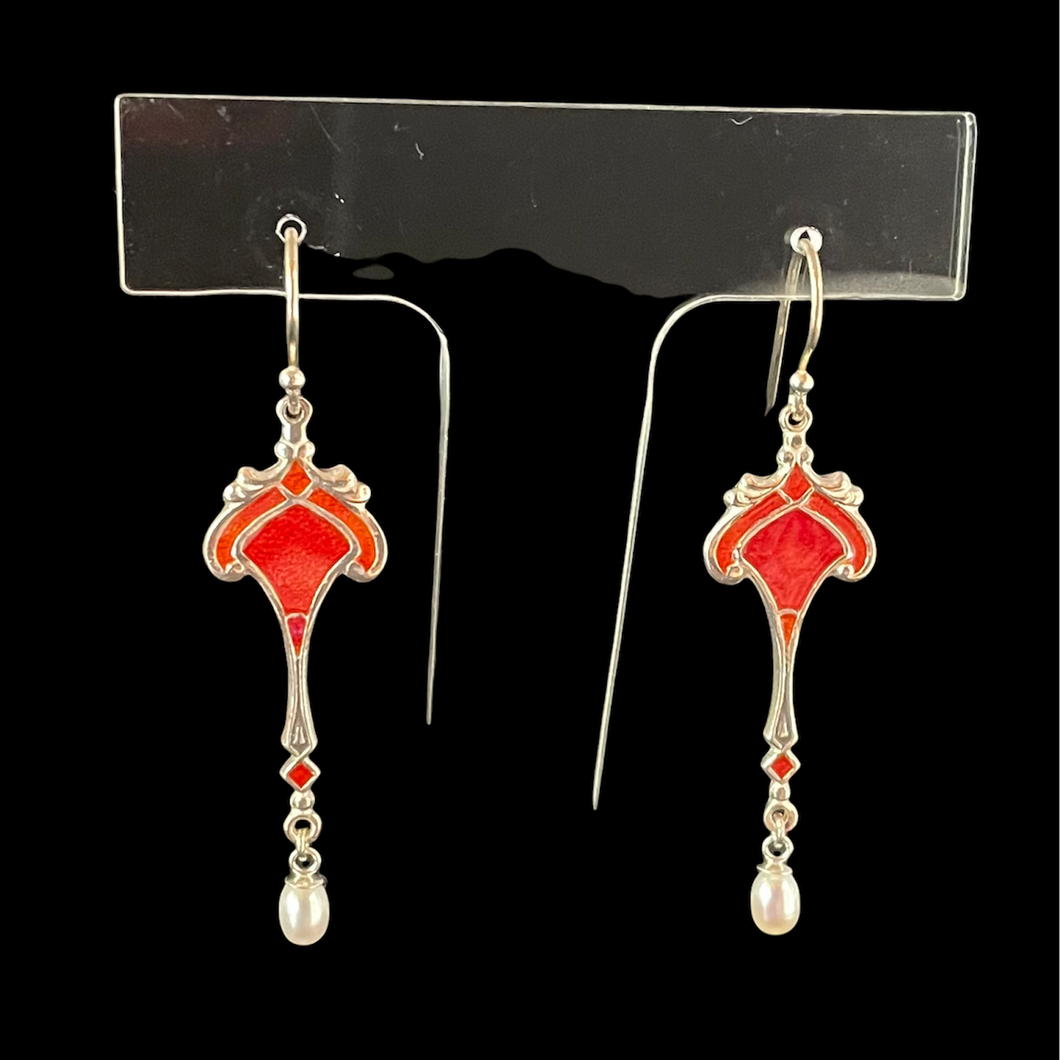 Coral Art Nouveau Earrings with Pearl Drop