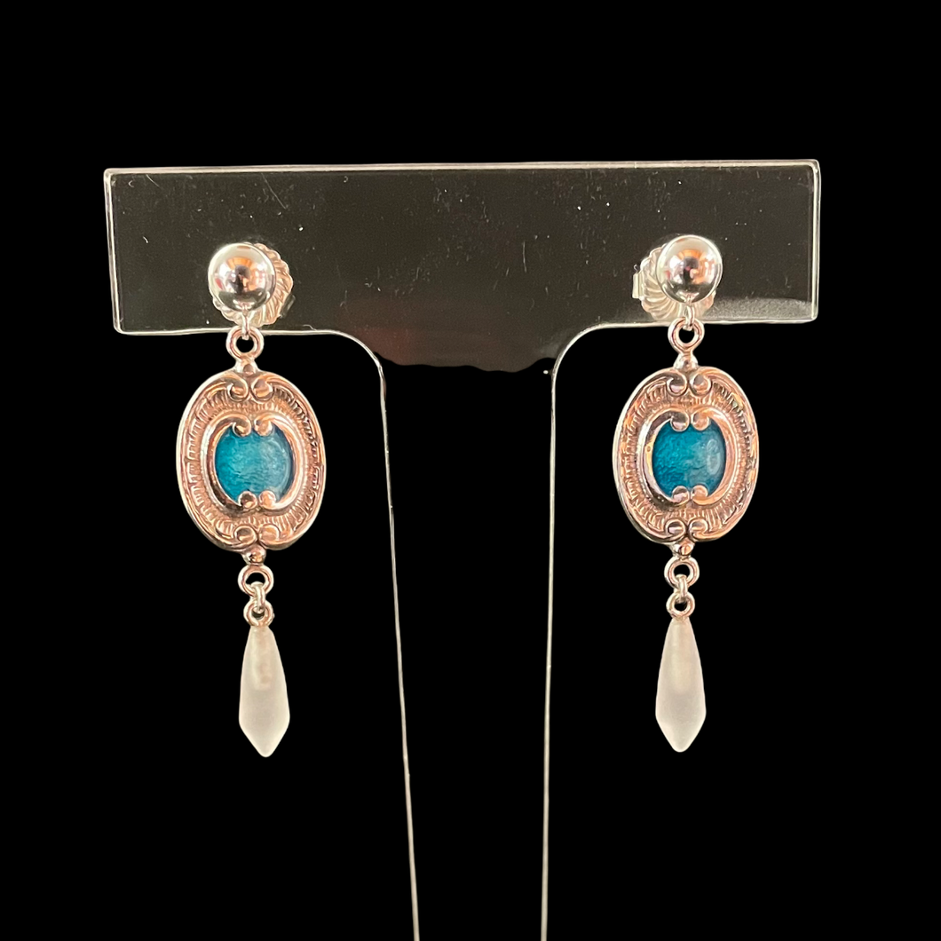 Turquoise Blue Earrings with Frosted Glass Drop